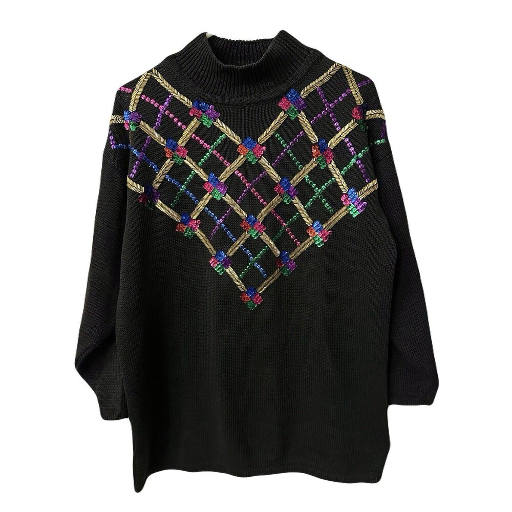 1980s Vintage Womens Size Small Sequin & Beaded Black Mockneck Oversized Sweater
